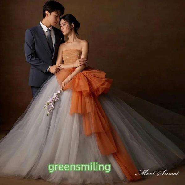 カラードレス グレー オレンジ ビスチェ ロングドレス 結婚式 二次会 発表会 演奏会 ウェディング...