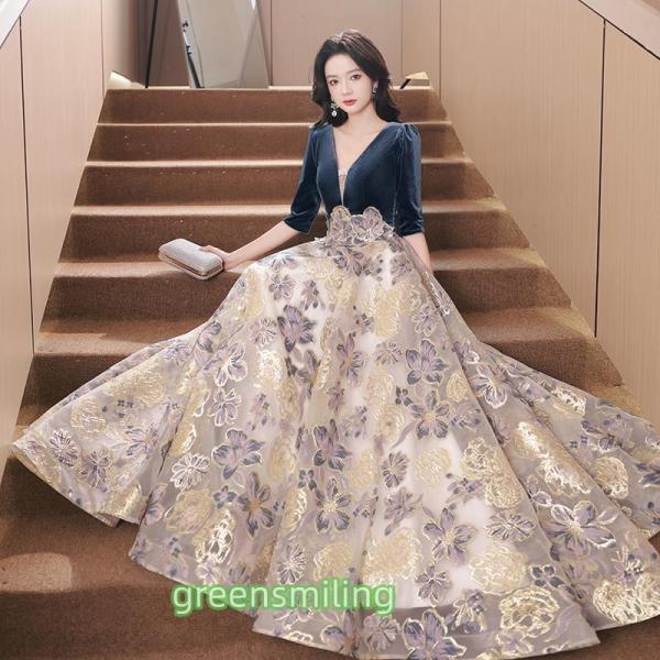 カラードレス ウェディングドレス Aラインドレス 花柄 5分袖 ベロア ブルー ウエディングドレス ...