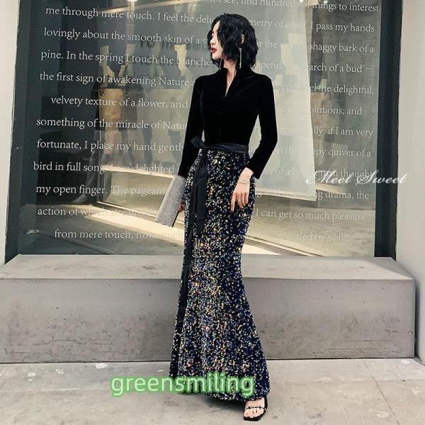 カラードレス ファスナー 長袖 ブラック パーティードレス フォーマル ロングドレス 結婚式 二次会...