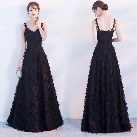 カラードレス 演奏会 黒 ブラック フェザー 羽 ロングドレス パーティードレス 結婚式 二次会 イ...