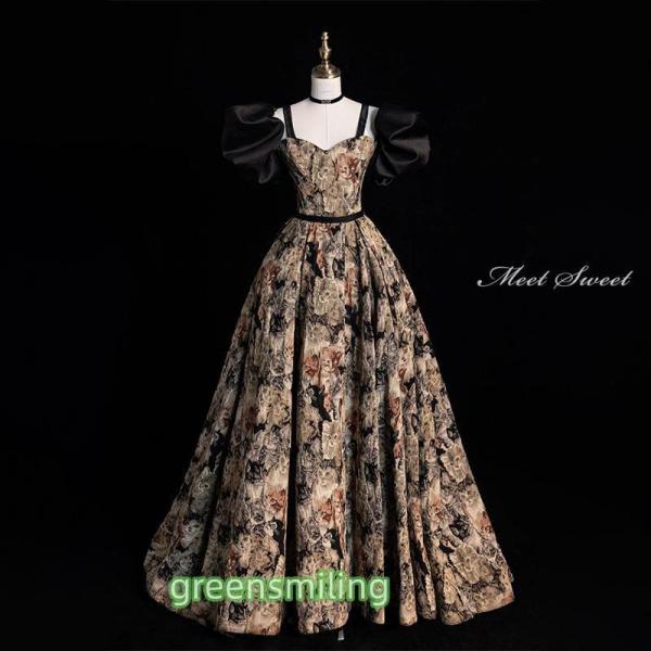 カラードレス ロングドレス 花柄 袖付き 黒 Aラインドレス 結婚式 二次会 発表会 演奏会 ウェデ...