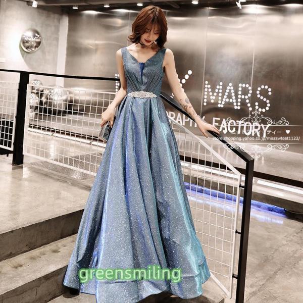 カラードレス 編み上げ パーティードレス フォーマルドレス ロングドレス ノースリーブ ブルー 袖な...