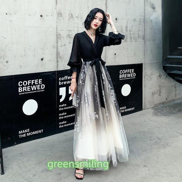 カラードレス カクテルドレス ブラック 黒 Vネック 花柄 ロングドレス パーティードレス 発表会 ...