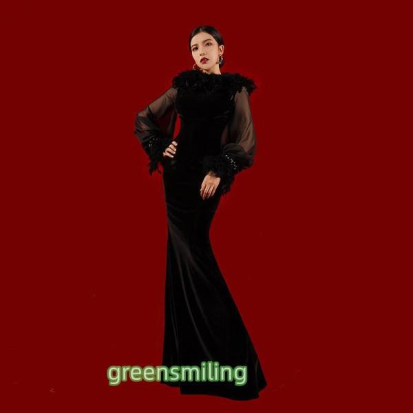 カラードレス ファスナー パーティードレス ブラック 長袖 黒 フォーマルドレス ロングドレス マー...