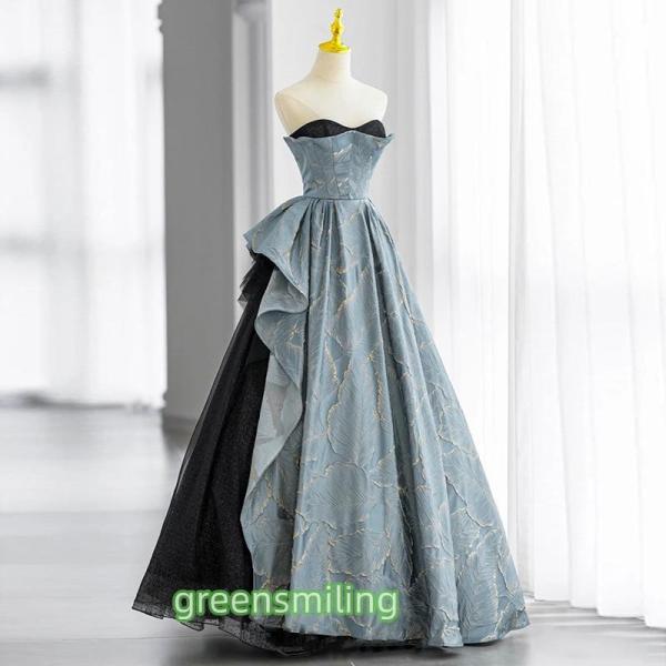 カラードレス ブルー シャンパン ロングドレス 演奏会 イブニングドレス プリンセス ウェディングド...