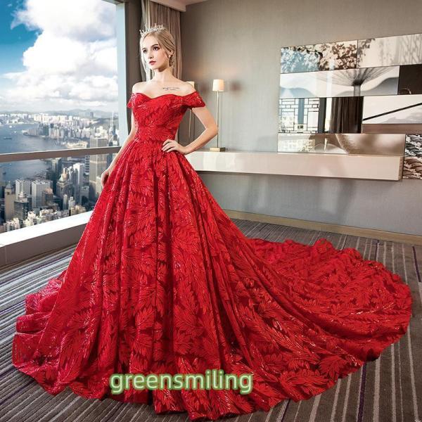 ウェディングドレス レッド 赤 カラードレス リーフ スパンコール オフショルダー 結婚式 二次会 ...