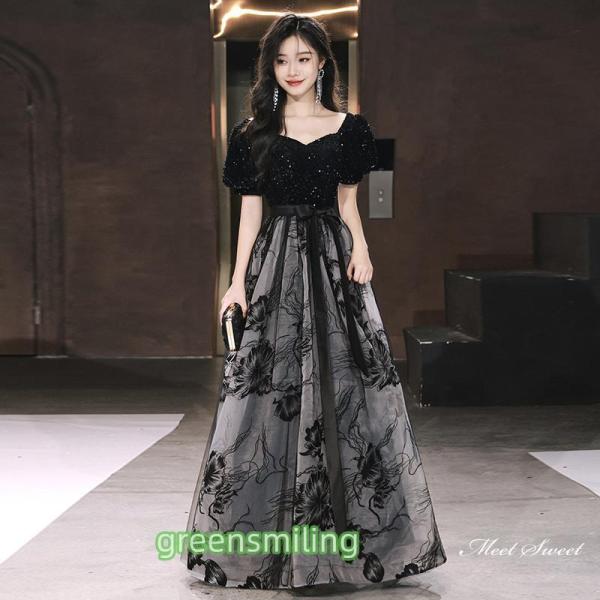 カラードレス ロングドレス パーティードレス ブラック 半袖 花柄 黒 ウェディングドレス ウエディ...