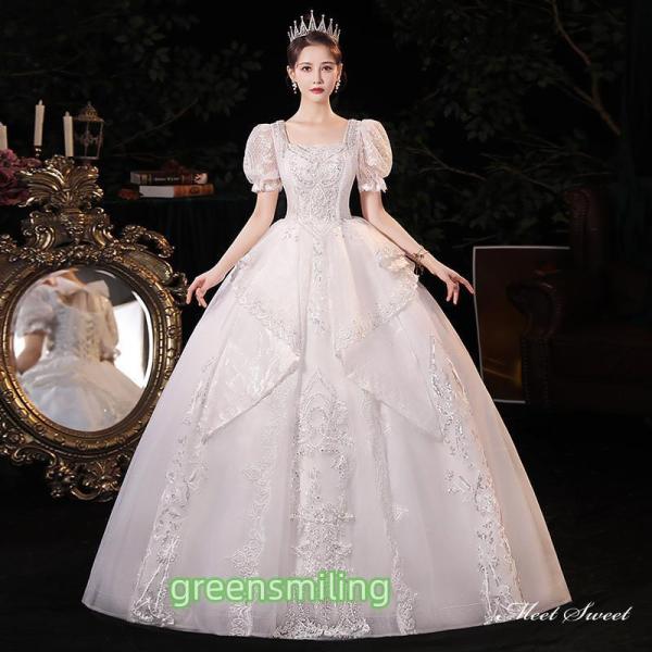 ウェディングドレス ロングドレス プリンセスラインドレス 半袖 パフスリーブ 二次会 結婚式 前撮り...