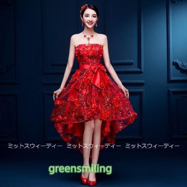 ウェディングカラードレス 安い 演奏会 カラードレス コンサート レッド 結婚式 発表会 前ミニドレ...