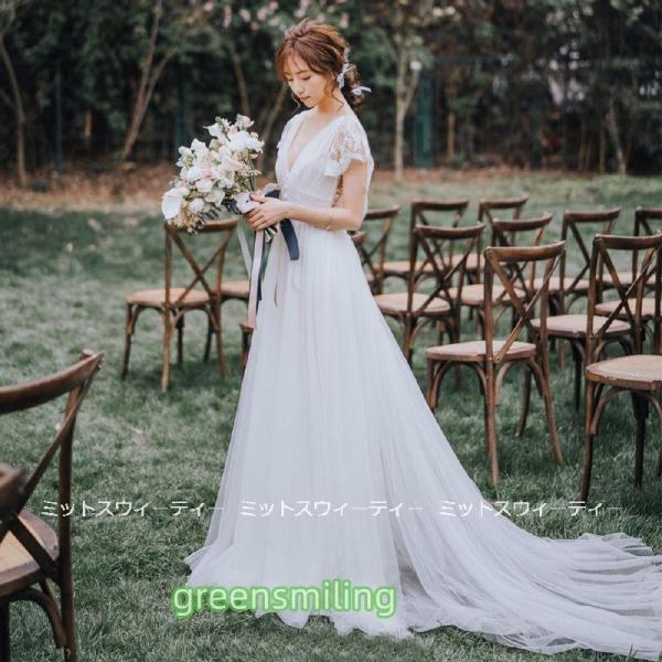 ウエディングドレス 二次会 レース トレーン 花嫁 前撮り ウェディングドレス ロングドレス 結婚式...