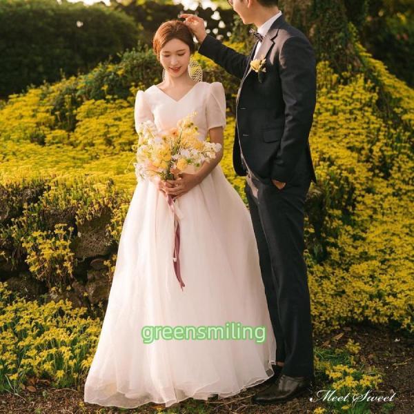 ウェディングドレス ロングドレス Aラインドレス 半袖 Vネック 二次会 結婚式 前撮り 後撮り ブ...