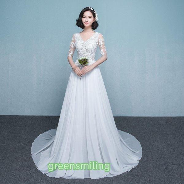 ウエディングドレス aライン 白 袖あり 格安 ウェディングドレス 花嫁 結婚式 ブライダル パーテ...
