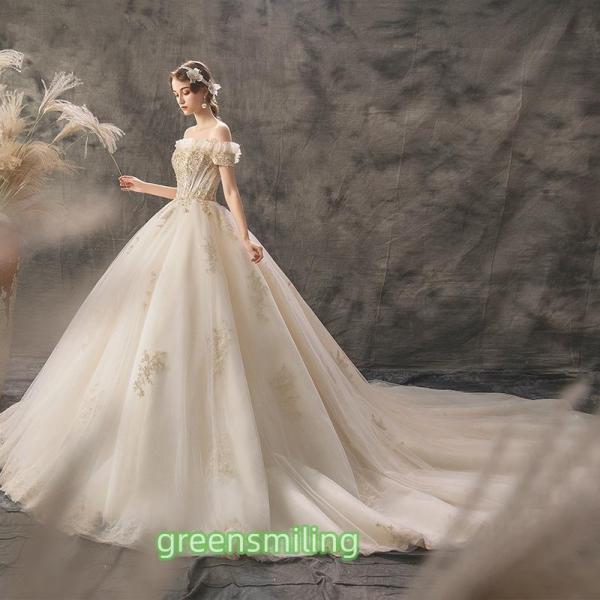 ウェディングドレス シャンパン 二次会 結婚式 披露宴 ブライダル ロングドレス オフショルダー 花...