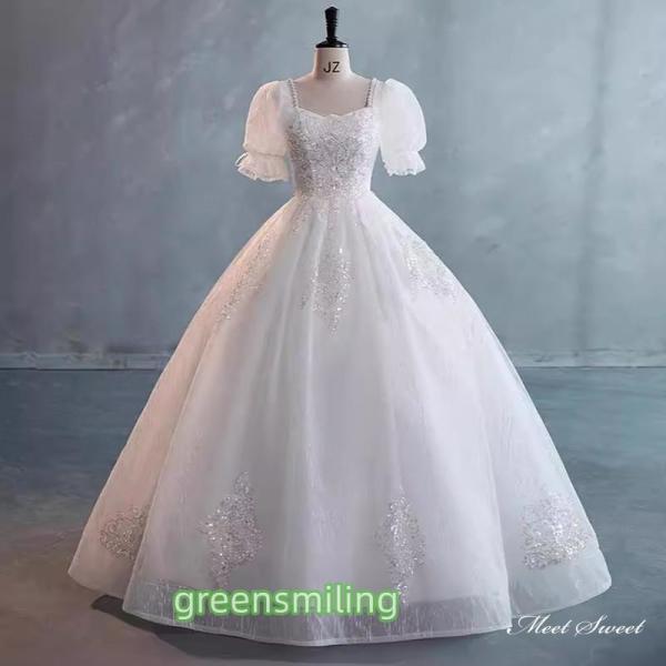 ウェディングドレス ロングドレス プリンセスラインドレス 半袖 パフスリーブ 二次会 結婚式 前撮り...