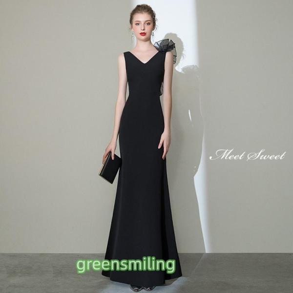 カラードレス ロングドレス ブラック マーメイドドレス 黒 ノースリーブ パーティードレス ウェディ...