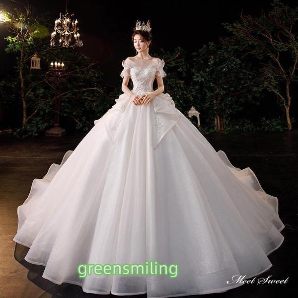 ウェディングドレス ロングドレス プリンセスラインドレス オフショルダー 二次会 結婚式 前撮り 花...