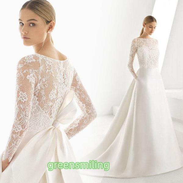 ウェディングドレス エンパイア 二次会ドレス 花嫁ドレス 挙式 袖あり 大きいサイズ パーティー ロ...