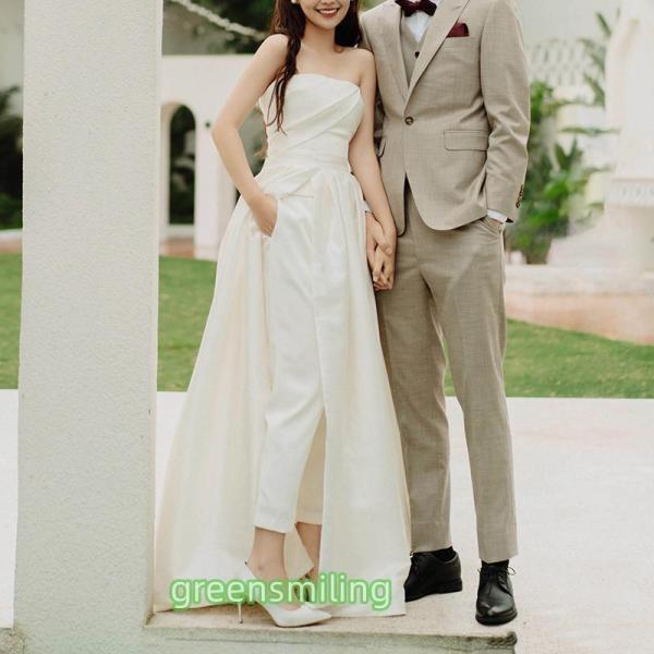 パンツウェディングドレス ベアトップドレス サテン ズボンドレス ワンピース スリット 二次会 結婚...