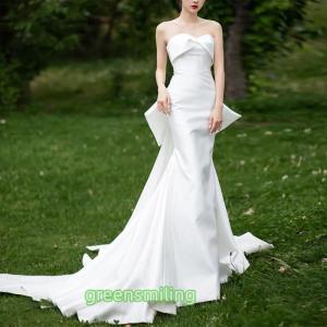 ウェディングドレス バックレス 大きいリボン マーメイドライン ビスチェ サテン 二次会 結婚式 ブライダル トレーン 前撮り 挙式 花嫁 ウエディングドレス