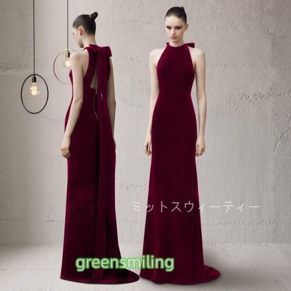 カラードレス ロングドレス 演奏会 パーティードレス 赤 ベルベット ウェディングドレス ホルターネ...