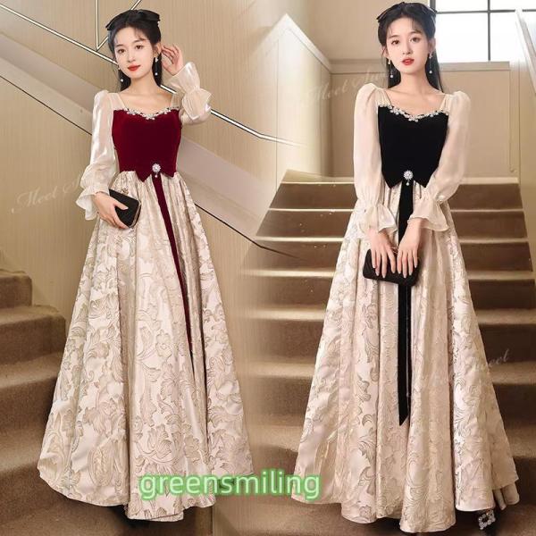 カラードレス ブラック レッド 長袖 露出少ない 袖付き 中学生 高校生 ウェディングドレスドレス ...