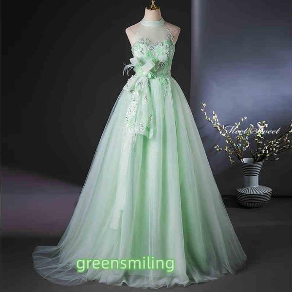 カラードレス ライトグリーン ホルターネック ノースリーブ ウェディングドレス 二次会 演奏会 発表...