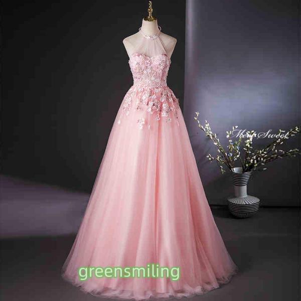 カラードレス ピンク ホルターネック ノースリーブ フラワー ウェディングドレス 二次会 演奏会 発...