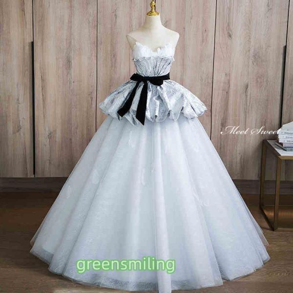 カラードレス ライトブルー ベアトップ 水色 青 ウェディングドレス 二次会 演奏会 発表会 ロング...