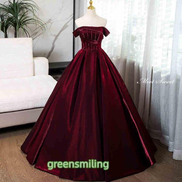 カラードレス ワインレッド オフショルダー ベルベット ウェディングドレス 二次会 演奏会 発表会 ...