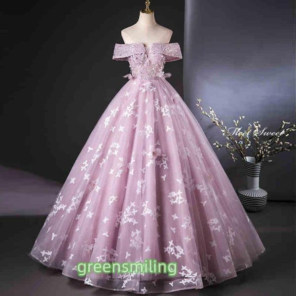 カラードレス ピンク オフショルダー 花柄 可愛い ウェディングドレス 二次会 演奏会 発表会 ロン...