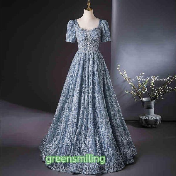 カラードレス ブルー 半袖 ラメ キラキラ ラインストーン ウェディングドレス 二次会 演奏会 発表...