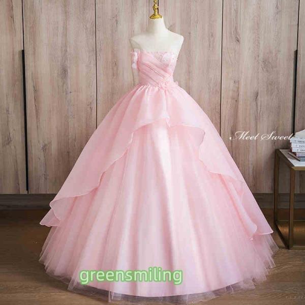 カラードレス ウェディングドレス ピンク ベアトップ オーガンジー ロングドレス 結婚式 二次会 演...