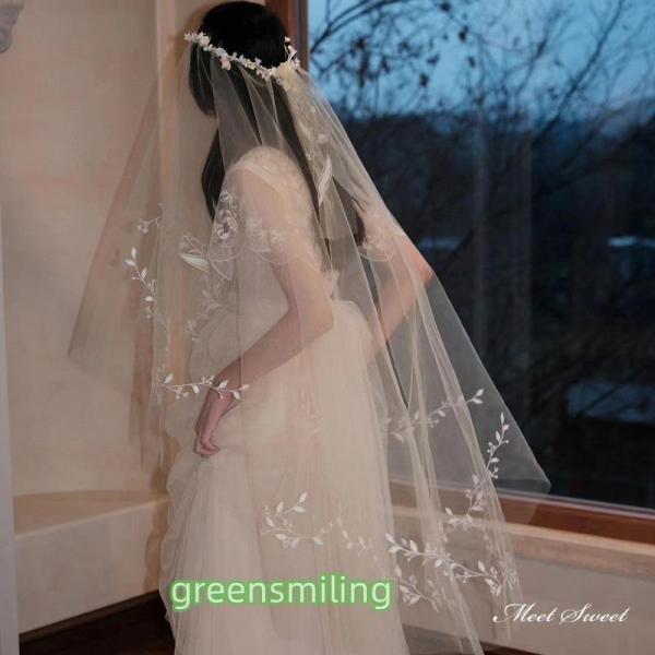 ウェディングベール ミドルベール ミディアムベール 刺繍 花冠 フェイスアップベール 花かんむり ウ...