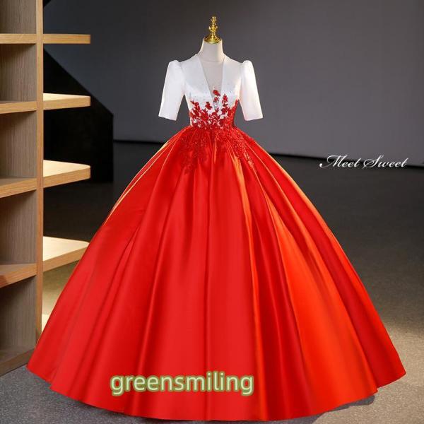 カラードレス Aラインドレス ロングドレス 半袖 レッド 配色 切替 深Vネック ウェディングドレス...