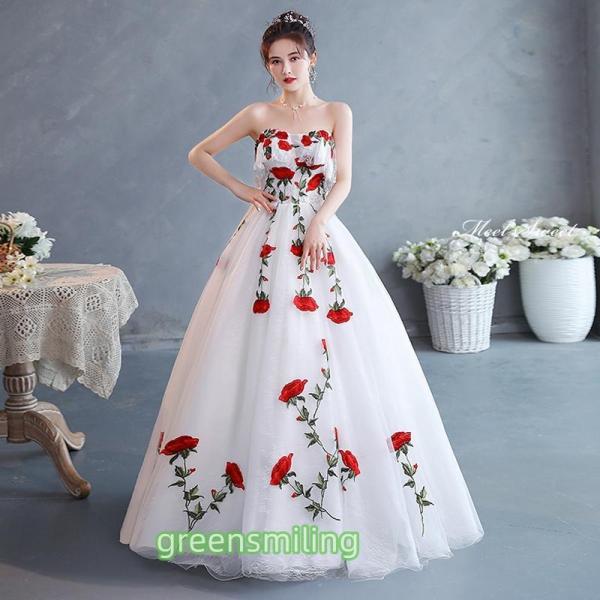 カラードレス Aラインドレス ロングドレス ホワイト ベアトップ 花柄 ローズ ウェディングドレス ...