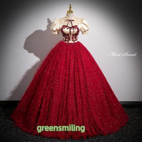 カラードレス プリンセスライン レッド フェザー風 パフスリーブ 赤 ロングドレス ウェディングドレ...