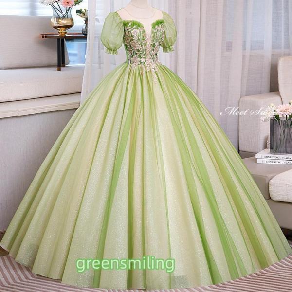 カラードレス プリンセスライン グリーン パフスリーブ 半袖 緑 ロングドレス ウェディングドレス ...