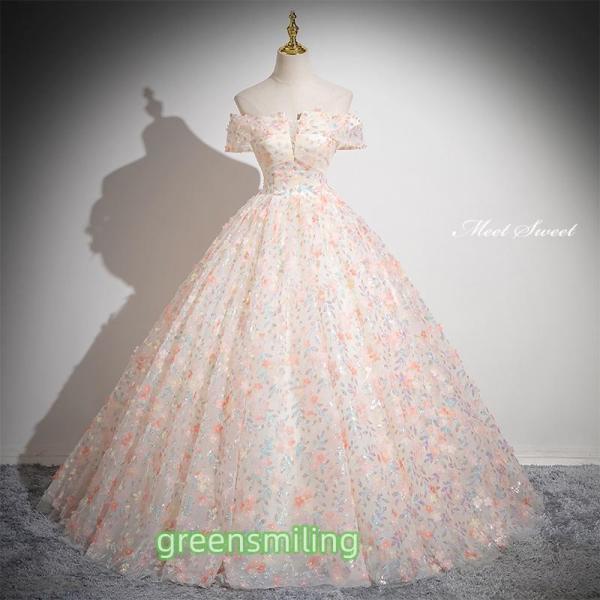 カラードレス プリンセスライン ロングドレス ピンク 花柄 オフショルダー 可愛い ウェディングドレ...