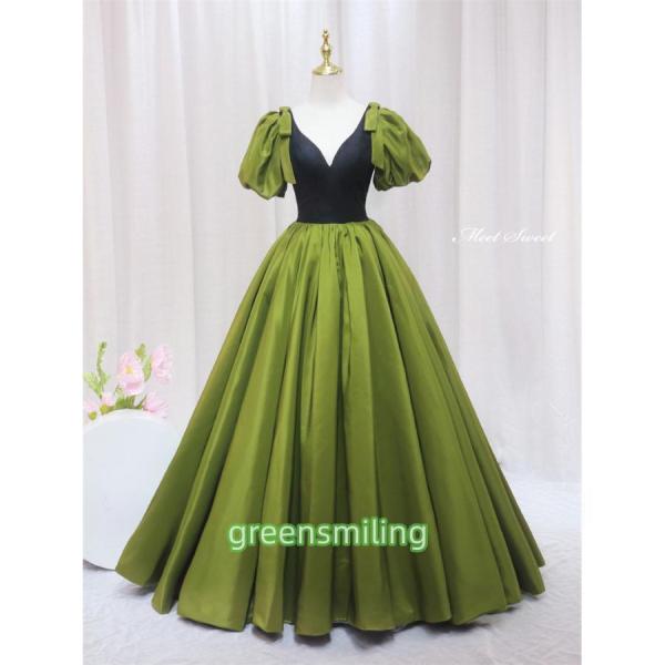 カラードレス プリンセスライン グリーン サテン パフスリーブ 緑 ロングドレス ウェディングドレス...
