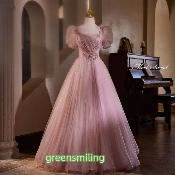 カラードレス プリンセスライン ピンク パフスリーブ 編み上げ ロングドレス ウェディングドレス 結...