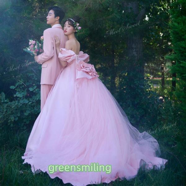 カラードレス ピンク オフショルダー ウェディングドレス チュール 袖付き ウエディングドレス ブラ...