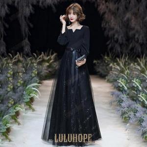 ロング丈レースドレス黒ブラック着痩せ7分袖パーティードレス結婚式