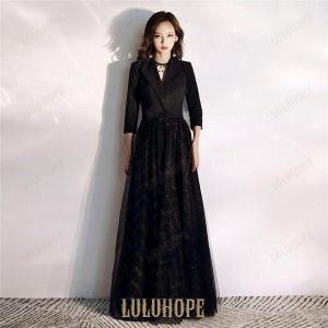 ロングドレス キラキラ 黒 ドレス 袖あり ポワン袖 カシュクール