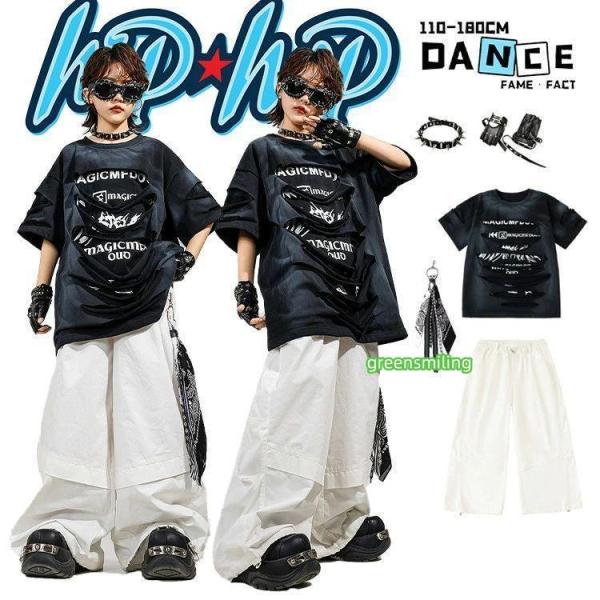 ブラック ダメージ Tシャツ 英字柄 半袖 ゆったり ユニセックス 子供服 ダンス衣装 カッコイイ ...