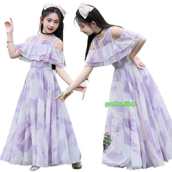ワンピース 子供服 女の子 おしゃれ チュール 紫 ピアノ発表会 フォーマル 肩出し タイダイ柄 ワ...
