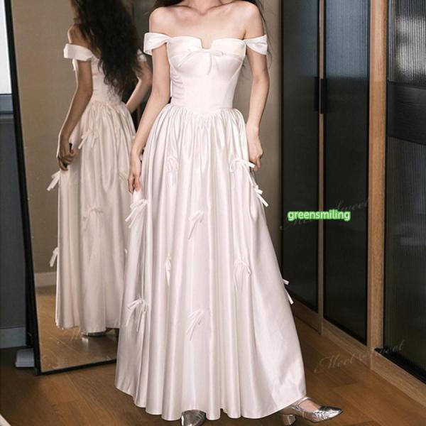 ウェディングドレス オフショルダー サテン リボン ロングドレス Aライン ロング 二次会 結婚式 ...