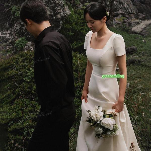 ウェディングドレス ワンピース 袖付き 半袖 スレンダーライン ロング 二次会 結婚式 披露宴 前撮...