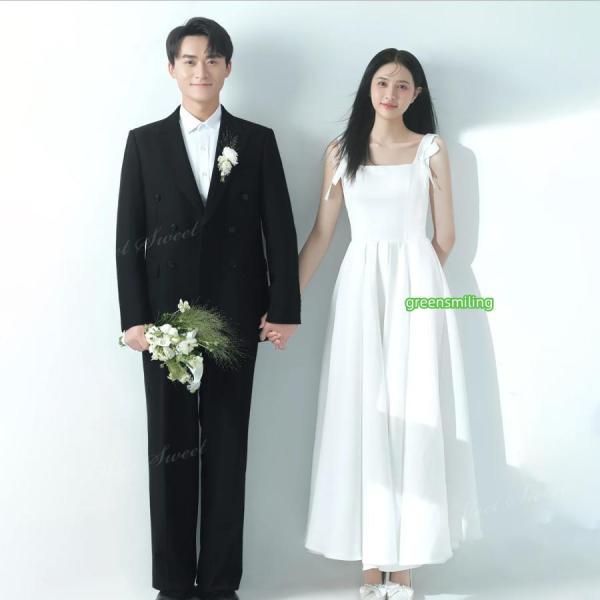 ウェディングドレス ノースリーブ サテン マキシドレス Aライン ロング ホワイト 二次会 結婚式 ...