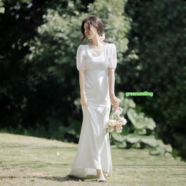 ウェディングドレス マーメイド ワンピース 半袖 ハネムーン Vネック ロング 二次会 結婚式 披露...