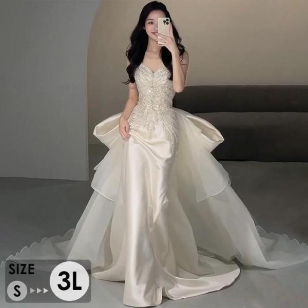 ウェディングドレス ロング ビスチェタイプ マーメイドライン ビッグリボン 花嫁 白ドレス ワンピー...